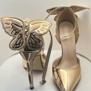 Size 7.5-8 Metallic Gold Embroidered Stiletto Heels Ankle Strap Pointed 4” Heel